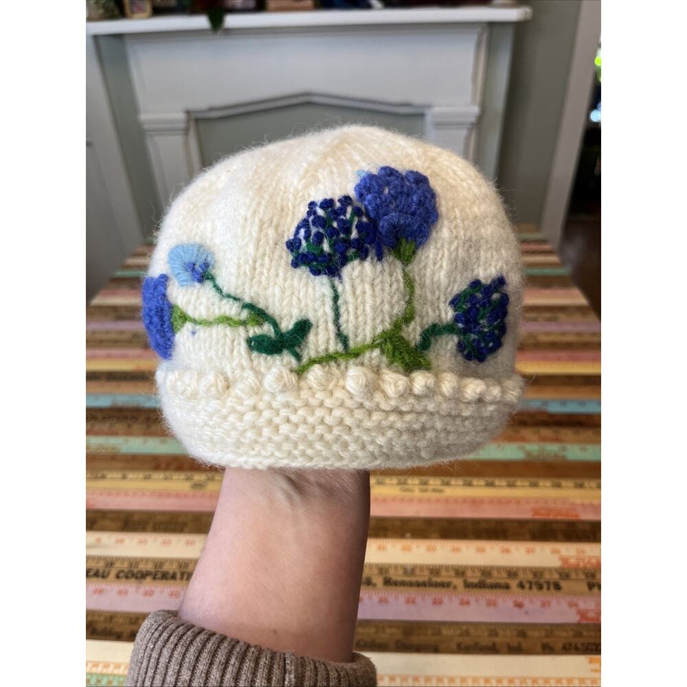 By Many Hands S 100% Wool Winter Beanie Embroidered Bobble Hat Warm Knit Floral